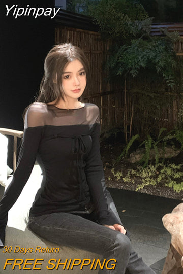 Yipinpay Color Basic Y2k Tops Woman Woman Design Korean Style Long Sleeve Pullover Casual Elegant Fashion Clothing 2023 Spring Chic